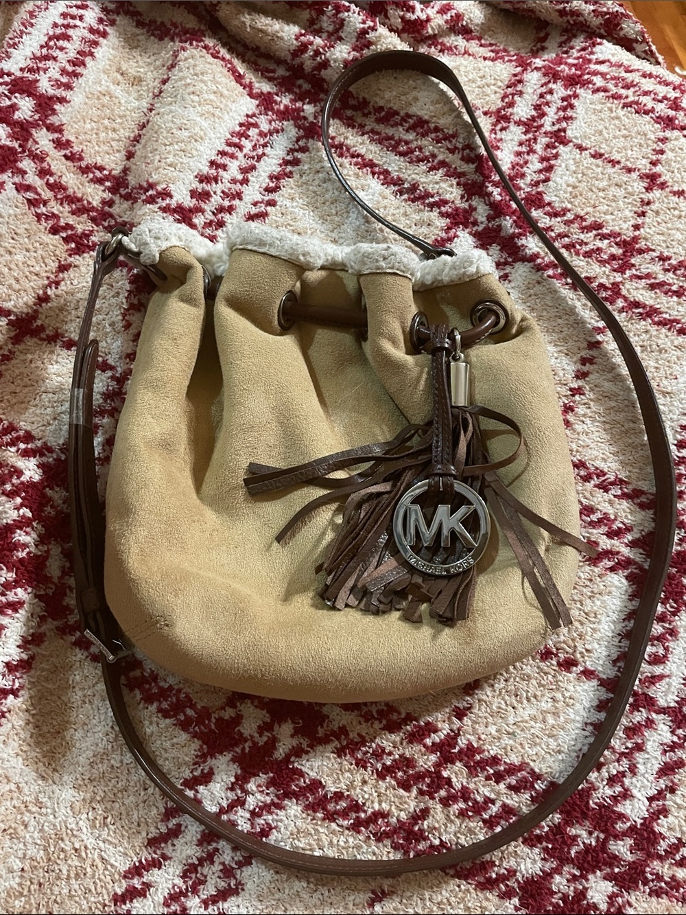 Michael Kors Tan Suede Drawstring Crossbody with Dark Brown Trim